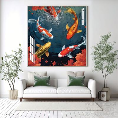 Tranh decor tường phòng khách cá chép hoa sen
