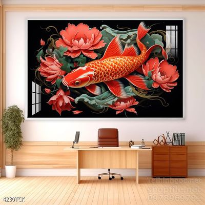 Tranh decor tường phòng khách cá chép hoa sen