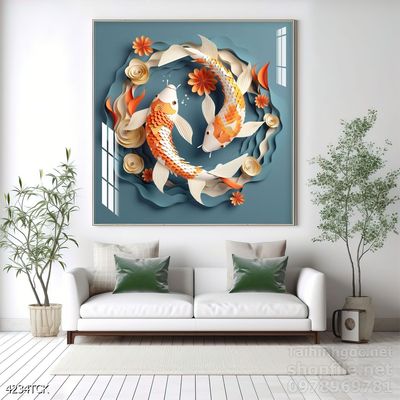 Tranh trang trí phòng khách cá chép hoa sen