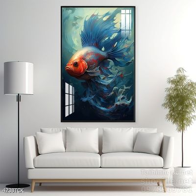 Tranh decor tường phòng khách cá chép hoa sen