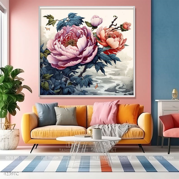 Tranh treo tường hoa mẫu đơn và đôi chim công khổ dọc