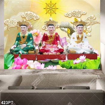 Tranh thờ tam thánh mẫu và hoa sen in uv