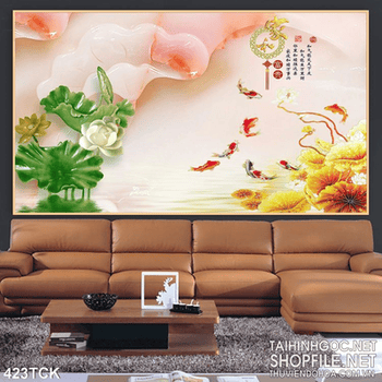 Tranh hoa sen, cá chép giả ngọc thư pháp