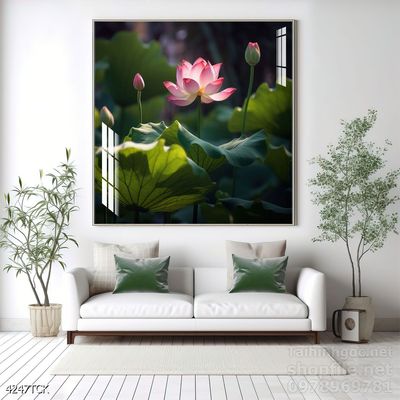 Tranh decor tường phòng khách cá chép hoa sen