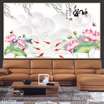 Tranh hoa sen, cá chép phong thủy đẹp