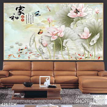 Tranh hoa sen, cá chép giả ngọc trang trí