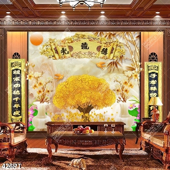 Tranh thờ cây kim tiền và thư pháp gắn tường