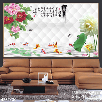 Tranh hoa sen, cá chép thư pháp nghệ thuật