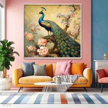 Tranh chim công hoa mẫu đơn decor trang trí tường nhà