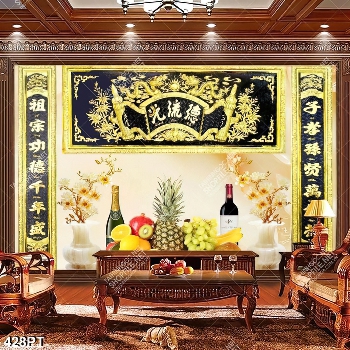 Tranh thờ mâm ngũ quả và thư pháp file gốc