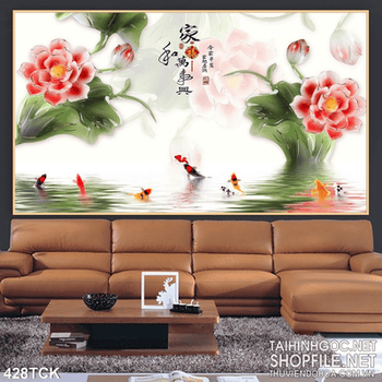 Tranh hoa sen, cá chép thư pháp phong thủy
