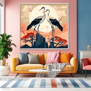 Tranh chim công hoa mẫu đơn decor trang trí tường nhà