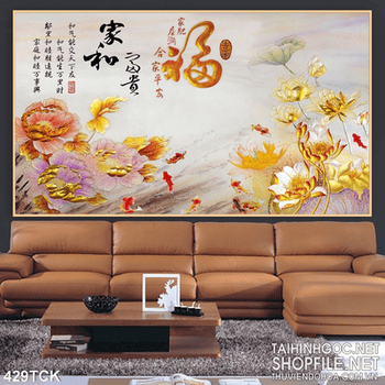 Tranh hoa sen, cá chép kim tiền trang trí