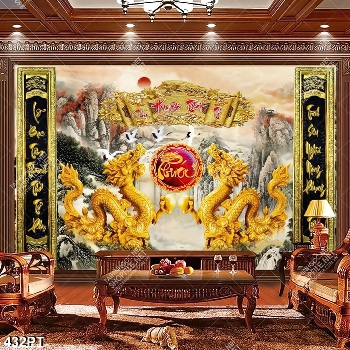 Tranh gắn tường phòng thờ song long và thư pháp