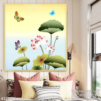 Tranh hoa sen, cá chép dán tường trang trí