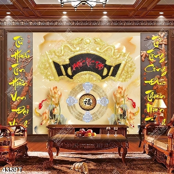 Tranh thờ thư pháp hoa sen và cá chép giả ngọc