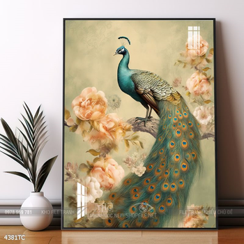 Tranh chim công trong vườn hoa mẫu đơn treo tường