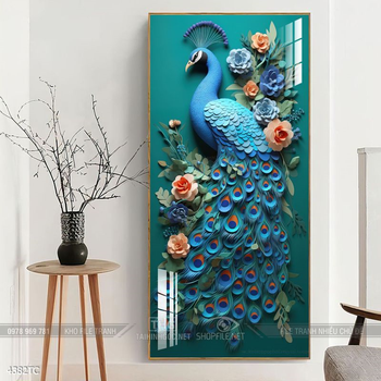 Tranh đôi chim công và hoa mẫu đơn treo tường phòng khách