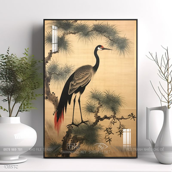 Tranh treo tường hoa mẫu đơn và đôi chim công khổ dọc