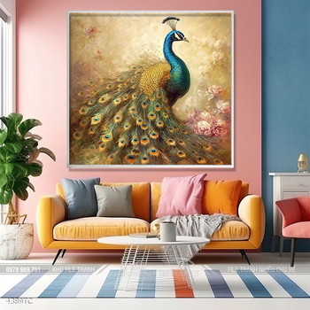 Tranh hoa mẫu đơn và chim công