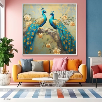 Tranh phòng khách chim công và hoa mẫu đơn treo tường