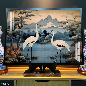 Tranh treo tường hoa mẫu đơn và đôi chim công khổ dọc