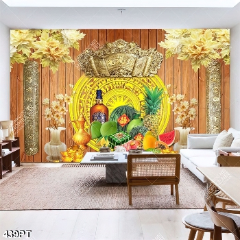 Tranh phòng thờ nền gỗ hoa văn trống đồng in kính