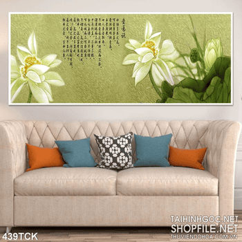 Tranh hoa sen, cá chép phong cảnh thư pháp