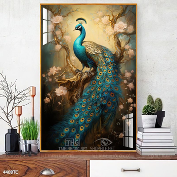 Tranh chim công hoa mẫu đơn decor trang trí tường nhà
