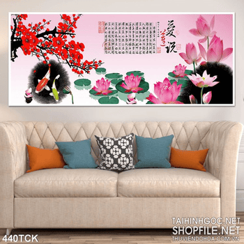 Tranh hoa sen, cá chép thư pháp mùa xuân