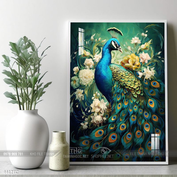 Tranh đôi chim công và hoa mẫu đơn treo tường phòng khách