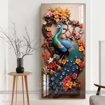 Tranh phòng khách chim công và hoa mẫu đơn treo tường