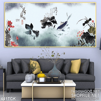 Tranh hoa sen, cá chép thư pháp trang trí