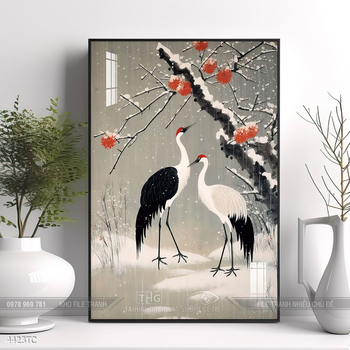 Tranh phòng khách chim công và hoa mẫu đơn treo tường