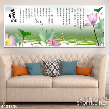 Tranh hoa sen, cá chép thư pháp phong thủy
