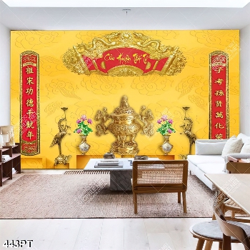 Tranh bàn thờ tổ chim hạc và hoa sen