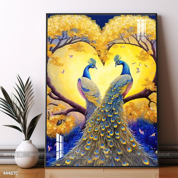 Tranh chim công trong vườn hoa mẫu đơn treo tường