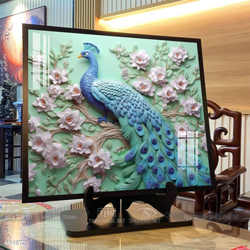 Tranh phòng khách chim công và hoa mẫu đơn treo tường