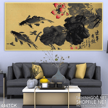 Tranh hoa sen, cá chép thư pháp