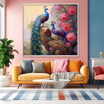 Tranh treo tường hoa mẫu đơn và đôi chim công khổ dọc