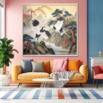 Tranh chim công hoa mẫu đơn decor trang trí tường nhà