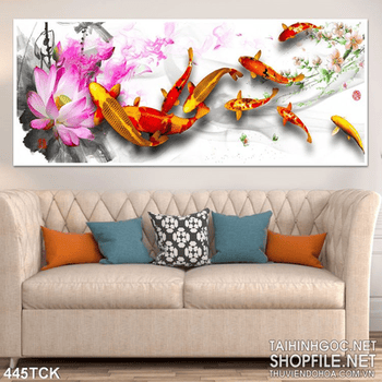 Tranh hoa sen, cá chép dán tường nghê thuật
