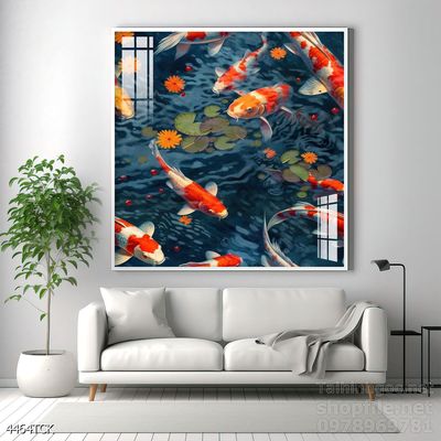Tranh trang trí phòng khách cá chép hoa sen