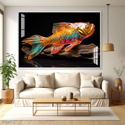 Tranh decor tường phòng khách cá chép hoa sen