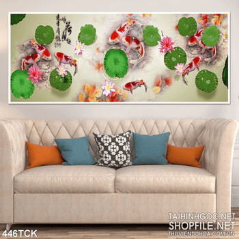 Tranh hoa sen, cá chép thư pháp trang trí