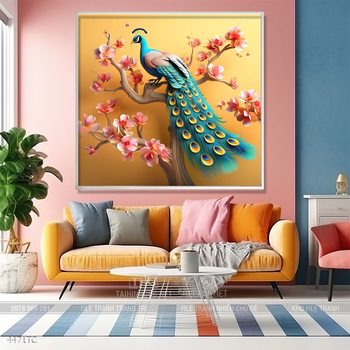 Tranh treo tường hoa mẫu đơn và đôi chim công khổ dọc