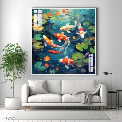 Tranh trang trí phòng khách cá chép hoa sen