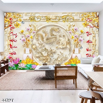 Tranh thờ treo tường hoa sen và phượng hoàng điêu khắc