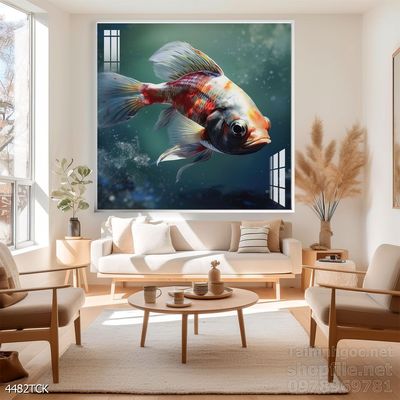 Tranh decor tường phòng khách cá chép hoa sen