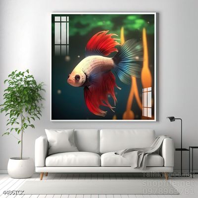 Mẫu tranh decor tường cá chép hoa sen